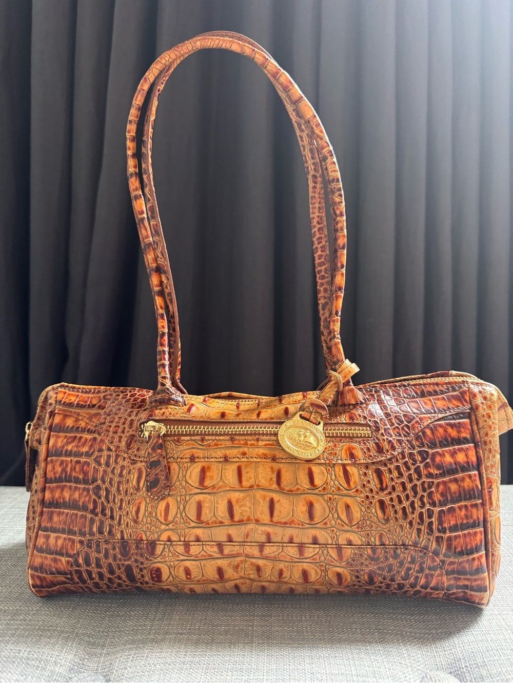 Brahmin Brown Caramel Croc-Embossed Barrel Shoulder Bag Gold Hardware Vintage